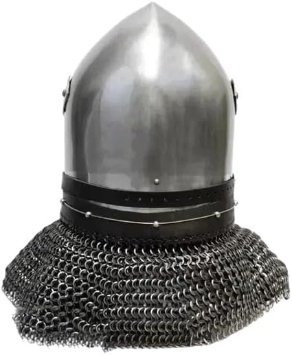 Medieval Knight Battle Helmet with Chainmail Neck Guard, Steel Construction, Crusader Style Armor with Ventilated Visor, Historical Reenactment Costume Accessory