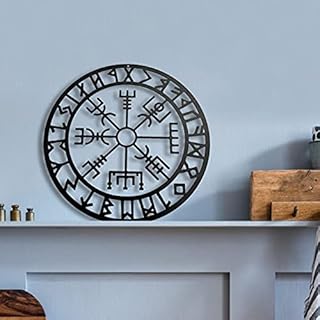 osmanthus Metal Wall Decoration, Metal Wall Art Wall Sculptures Viking Compass Nordic Black Hollow Iron Wall Hanging Metal Ornament for Modern Viking Bedroom Living Room Art Ornament (28 cm)
