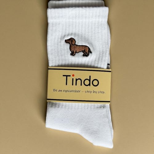 Tindo Dackel Socken Damen Herren – Weiße Crew Socken mit Dackel Stickerei – Lustige Hundemotiv Socken – Retro Streetwear Unisex – Bequeme Baumwollsocken & Geschenkidee für Tierliebhaber