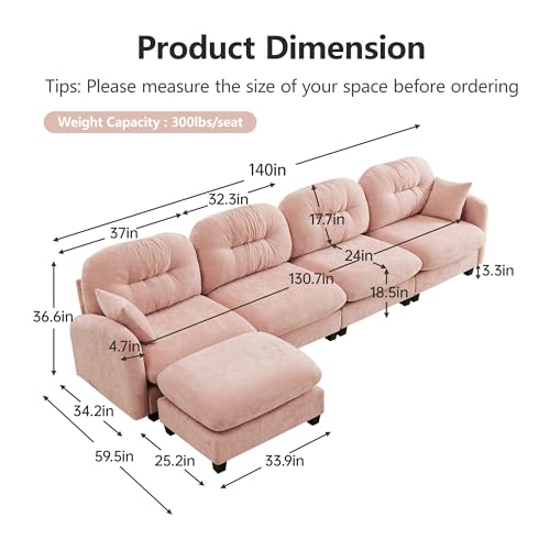 Image of KEIKI 140 inch L-Shaped Oversized Chenille Modular Sectional Sofa with 1 Ottoman, High-Density Foam Cushions, Tufted Pleated Cushion Backrest, Modern 4-Seater Couch with 2 Pillow, for Living Room, Pink