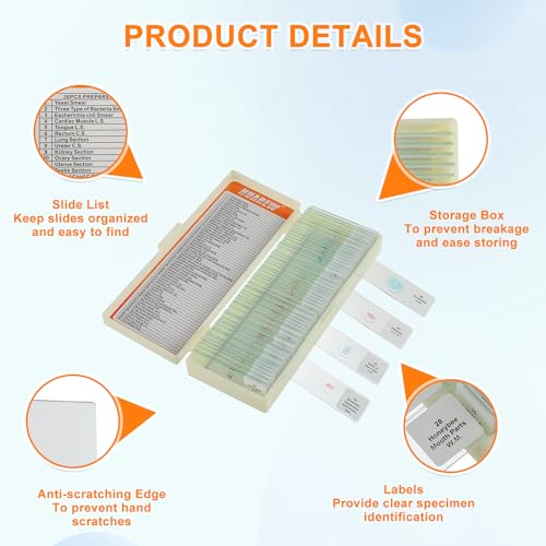 HUAREW 60 Pcs Mikroskop Objektträger mit Biologischen Proben, Pflanzen Insekten Menschliche Zelle für Labor Biologie und Wissenschaft Studium, Mikroskop Zubehör, Dauerpräparate für Mikroskop.