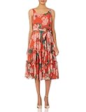Calvin Klein Women's Sleeveless Scoop Neck A-Line Midi Dress with Tiered Skirt, Ember Multi, 16