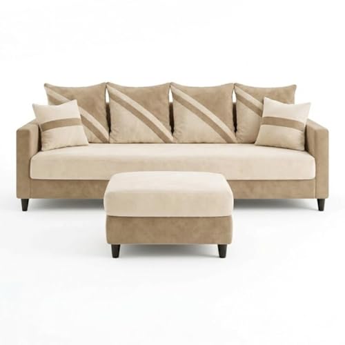 Image of SLEEPIFY Canza 4 Seater Sofa Set with Ottoman (Cream - Beige) | Premium Soft Velvet | Plush Comfort Cushions | Modern Living Room Sofa | Spacious Comfortable Seating