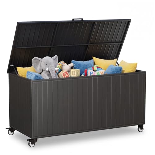 RICNOD Outdoor Storage Box with Wheels 250 Gallon, Metal Deck Boxes Waterproof, UV Resistant Patio Storage Box with Lid for Patio Furniture, Garden Tools,Outdoor Cushion (Black)