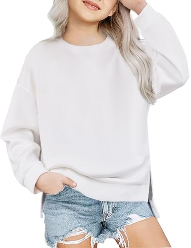 Image of Arshiner Girls Crewneck Sweatshirt Long Sleeve Pullover Tops Drop Shoulder Sweatshirts Side Split