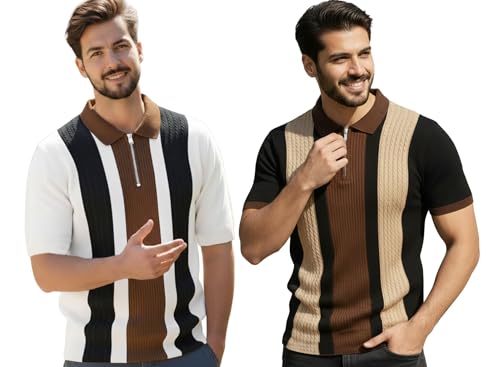 Image of AUSK Men's Retro Cable-Knit Quarter-Zip Polo | Premium Textured Self-Design Half Sleeve T-Shirt for Men