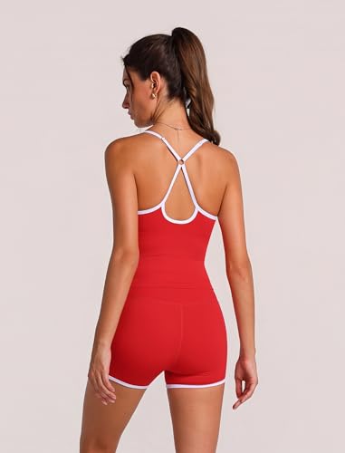 OMEWEE Women's workout sets Adjustable Spaghetti Straps Top and Collect Waist Shorts with Pockets yoga pilates outfits red XL — view 3
