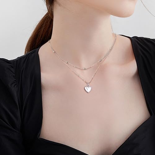 Heart Layered Necklaces for Women - Sterling Silver Adjustable Heart Pendant Necklace Stacked Bead Double Chain Charm Necklace Fashion Gifts for Christmas Birthday for Teen Girls Girlfriend Wife2
