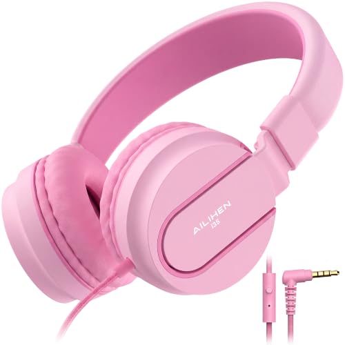 Image of AILIHEN I35 Kids Headphones for School with Mic, 93dB Volume, Rose Pink | Wired On Ear Headphones for Kids Girls, Foldable Lightweight Headphone for Classroom Learning & Entertainment Travel Computer