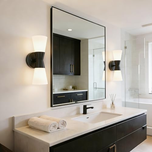 Image of Bathroom Wall Sconce, Modern Indoor Vanity Light Fixtures 13 inch, Up Down Lighting, Wall Mount Lamp for Living Room Bedroom Hallway Stairway Fireplace Mirror E26 Base 1PC White&Black