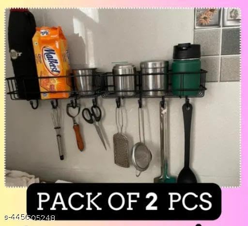 (Pack of 2) Steel Self-Adhesive Multipurpose Bathroom Shelf with Hooks/Towel Holder/Rack/Bathroom Accessories-Wall Mount - Pack of 2 (Black,Powder Coated)|BHR-P950 1