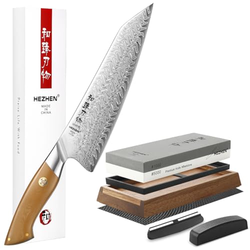 HEZHEN Cuchillo de Chef Damasco,Cuchillo de Cocina de Acero Damasco de 67 Capas con Piedra de Afilar Profesional Afilador de Cuchillos