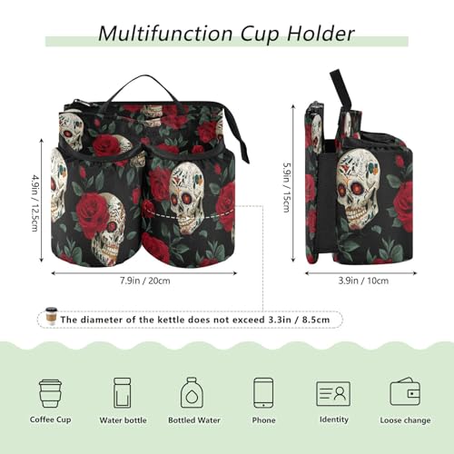 Image of Luggage Cup Holder for Suitcases Free Hands Suitcase Cup Holder Travel Luggage Drink Holder Portable Luggage Cup Caddy Bag Carrier with Handle Mexico Skull Rose Flowers Red