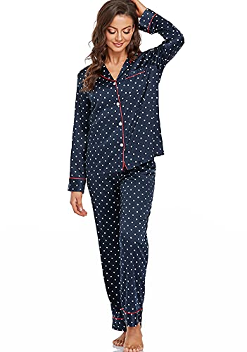Image of Serenedelicacy Women's Satin Pajama Set Long Sleeve Button Down Sleepwear 2-Piece Silky Pj Set