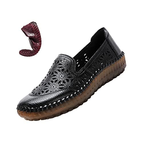 Image of Keilinia Women's Leather Loafers Slip-on Casual Shoes,Comfort Hollow Breathe Hand-Stitching Non-Slip Ox Softsole Walking Flats (5,Black Hollow)