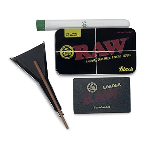 Raw Pre Rolled Cone Loader: 1-1/4 Size, King, & 98 Special Mess Free Perfect Cone Packer – 5 Piece Kit – Static Free Scoop Card, Funnel, & Packing Tool, Rawthentic Tin, Green Blazer Tube #TOP4