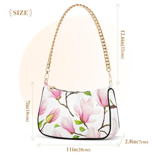 Pink Magnolia Flowers Leaves White Retro Formal Purse Hobo Women Handbag Medium Pattern Floral Shoulder Bag Zipper Closure3
