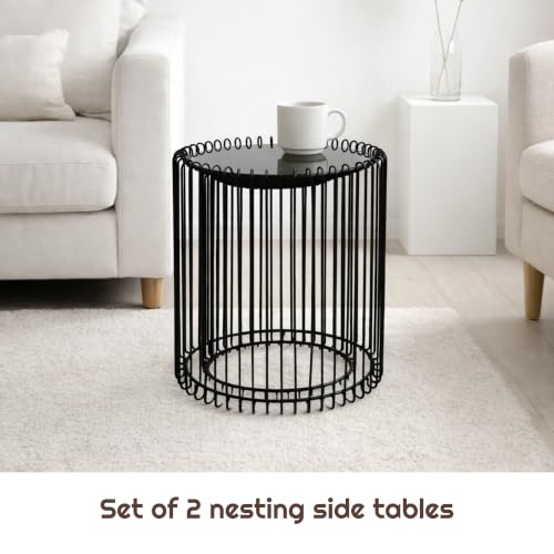 Dylex Set of 2 Round Cage Side Coffee Tables Black Glass Top And Metal Finish Base Ready Assembled - Image 7