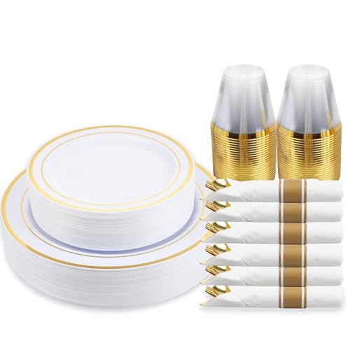 M MCIRCO 175 Piece Gold Dinnerware Set - 50 Plastic Plates, 25 Cups, 25 Pre Rolled Napkins with Plastic Silverware, Disposable Gold Dinnerware Set for 25 Guest M MCIRCO 175 Piece Gold Dinnerware Set - 50 Plastic Plates, 25 Cups, 25 Pre Rolled Napkins with Plastic Silverware, Disposable Gold Dinnerware Set for 25 Guest