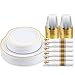 175 Piece Gold Dinnerware Set - 50 Gold Rim Plastic Plates - 25 Gold Plastic Silverware - 25 Gold Plastic Cups - 25 Linen Like Gold Paper Napkins, 25 Guest Disposable Gold Dinnerware Set
