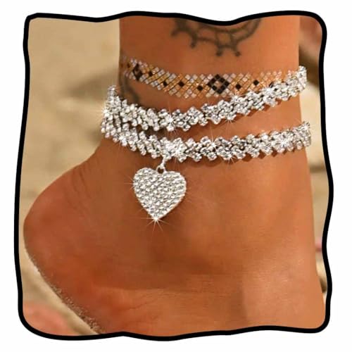 JEWEKY Rhinestone Heart Layered Ankle Bracelets Jewelry Silver Sparkly Foot Chain Summer Beach Anklet for Women