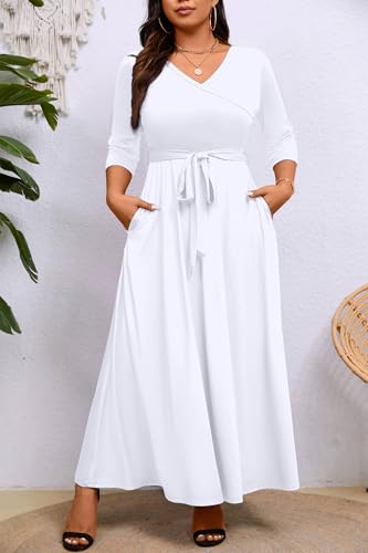 Image of Runwind Plus Size Dress for Women - 3 /4 Sleeve V Neck Maxi Dresses for Women (XL-6XL)