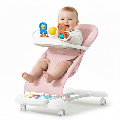Baybee Nestra Rocker for Baby 0-24 Months | Bouncer with Music & Light Kick Piano | 3 Recline Positions | Removable Toy Tray | Wheels with Safety Lock | Breathable Seat | Foldable Design – (Pink)