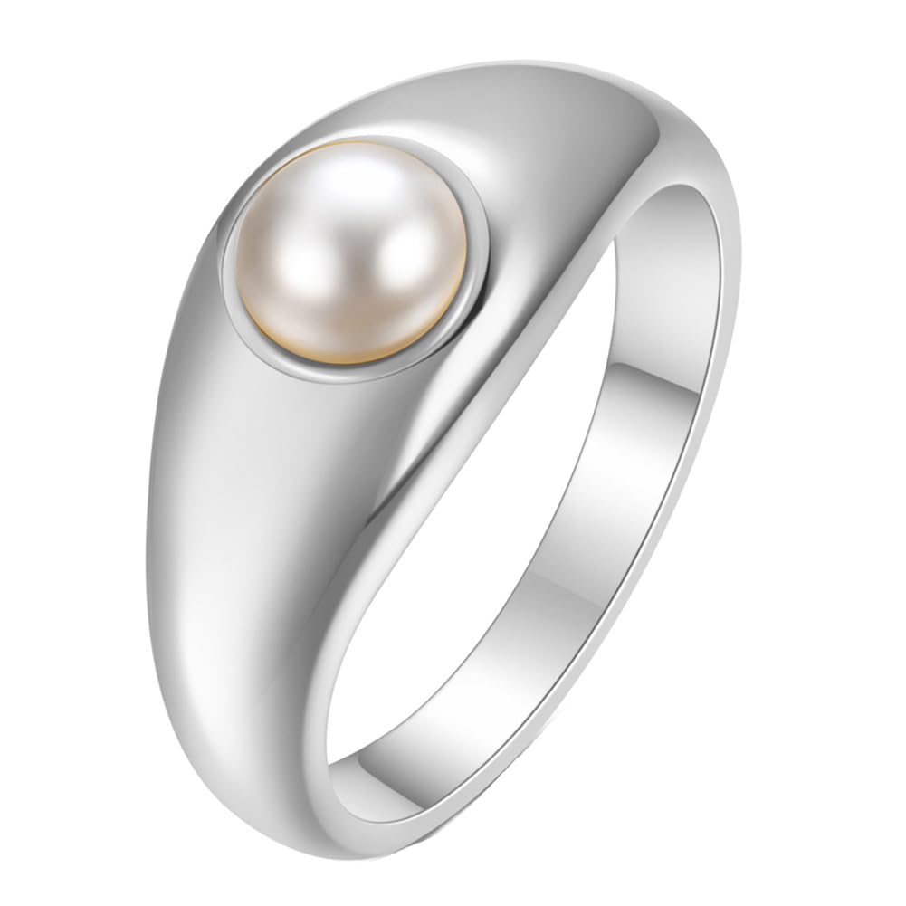 PAMTIER Women Stainless Steel Ring Pearl Ring Freshwater Cultured Pearl Stacking Ring Jewelry Gift for Birthday