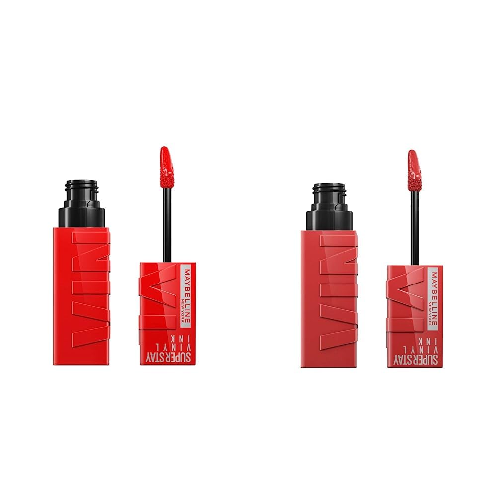 Maybelline Super Stay Vinyl Ink Longwear No-Budge Liquid Lipcolor Makeup Bundle with Peachy 0.14 fl oz and Red-Hot 0.14 fl oz