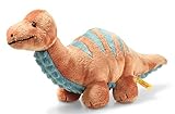 Steiff 087837 Original Plüschtier Bronko Brontosaurus, Soft Cuddly Friends Kuscheltier ca. 28 cm, Markenplüsch mit Knopf im Ohr, Schmusefreund für Babys von Geburt an, Dunkelorange und Petrol