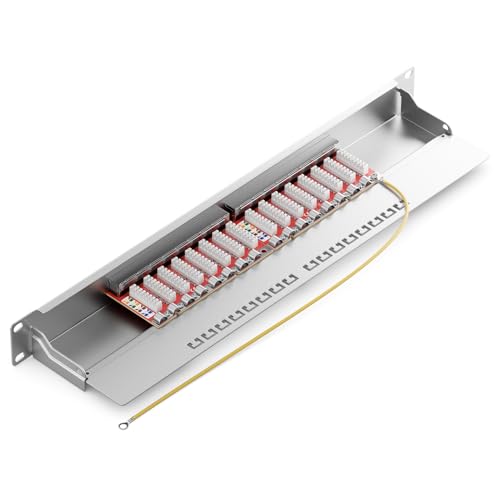 deleyCON CAT 6a Patch Panel Krosownica 16 Portów - Desktop 19 Calowy Rack Montaż Serwerowy RJ45 Ekranowany - TIA568A TIA568B - Jasnoszary