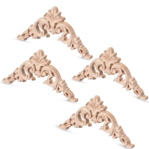 4 Pcs Wood Appliques for Furniture, Victorian Furniture Decorative Wood Trim Handmade Carved Unpainted Corner Wooden Appliques for Bed Door Cabinet