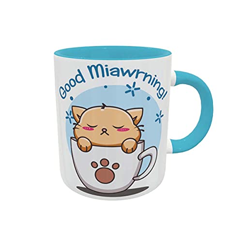 Caneca Kawaii Gatinho Bom Dia Presente Criativo Geek cor:Azul