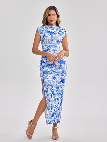 Image of HTZMO Floral Wedding Guest Ruched Bodycon Maxi Dress for Women | Cap Sleeve Slit Long Dresses, Fall Formal Cocktail Party Elegant Modest Bride Shower, Stretchy Mesh Fabric, Winter 2026