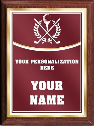 Crown Awards Golf Personalized Plaque Award, 6x8 Color Printed Metal Plate with Custom Engraving, Maroon with White Plaque On Wood Finish Prime