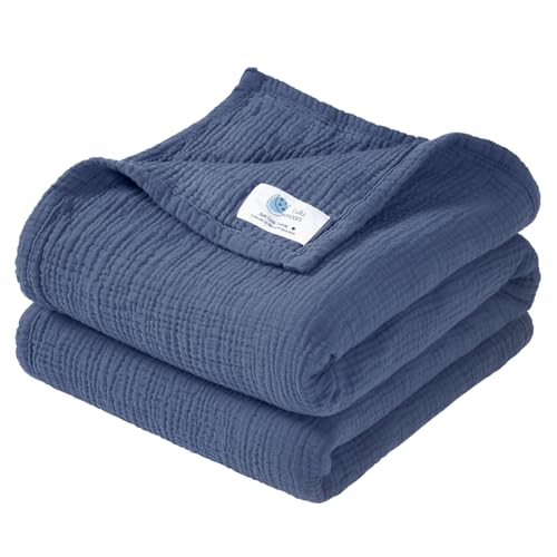 Image of lulumoon Muslin Baby Blanket for Boys: 4-Layer Soft Cotton Toddler Blanket for Daycare - Lightweight Crib Bedding for Stroller & Travel 47"x47"(Blue)