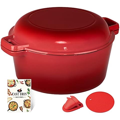 Overmont Olla de Hierro Fundido Esmaltado con Tapa de Doble Función 5,6 L Cover