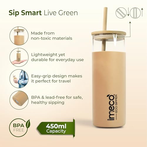 Image of IMECO ECO Sipper Glass Bottle with Bamboo Lid & Straw 450ml | Borosilicate Glass Tumbler | Leakproof & BPA-Free | Reusable, Non-Toxic & Lightweight | Ideal for Milk, Coffee & Tea - Peach