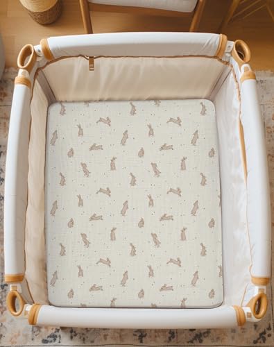 Image of Bassinet Sheet for Baby Boy and Girl 2 Pack, Fitted Sheets for Rectangle, Oval, Hourglass Bassinet Mattress, Muslin Moses Basket Sheets with Neutral Style (Hopping Bunnies & Beige)