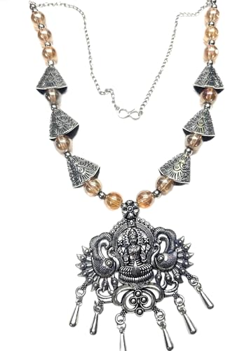 Image of Antique Silver Lakshmi Temple Necklace with Amber Glass Beads, Peacock Design Pendant, Traditional Indian Jewellery