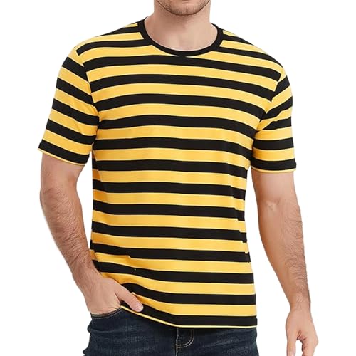 Camisetas casuales de algodón a rayas para hombre, ligeras, de verano, con cuello redondo, holgadas, de manga corta, Amarillo y negro, XL