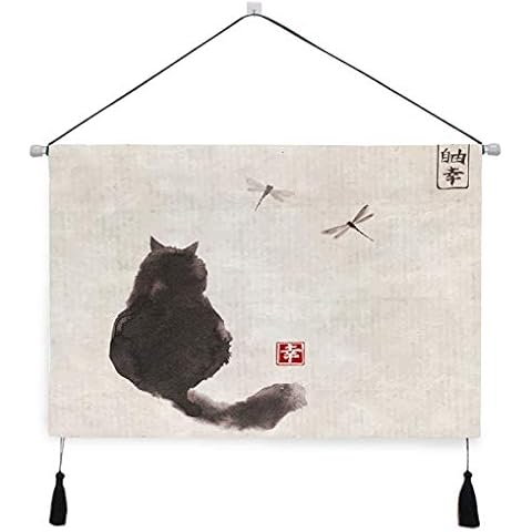 YYZZH Black Fluffy Cat Watch Dragonfly On Vintage Paper Japanese Ink Painting Hanging Canvas Print Wall Art Decor 17.5"X24.5" Poster Artwork Painting Prints Home Decor For Bedroom Living Room Cover