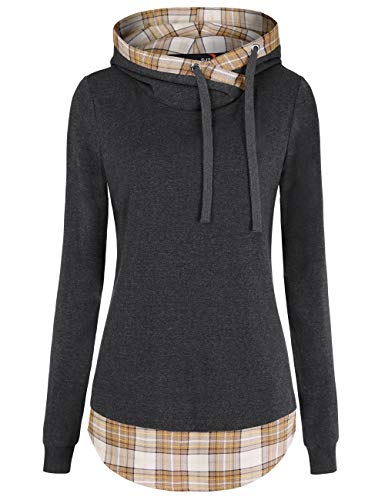 Sweatshirts for Women, DJT Women s Long Sleeve Pullover Sweatshirt Hoodies X-Large Grey-Khaki Plaid with Shiny