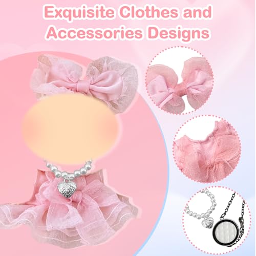 Xerteam Rosa Puppenkleidung für 17cm Puppen, Puppekleider Rosa Kleid,Haarschmuck, Liebe Halskette, Edler Runder Rucksack, Süß Prinzessin Stil 17 cm Kleidung Plüsch Puppenzubehör