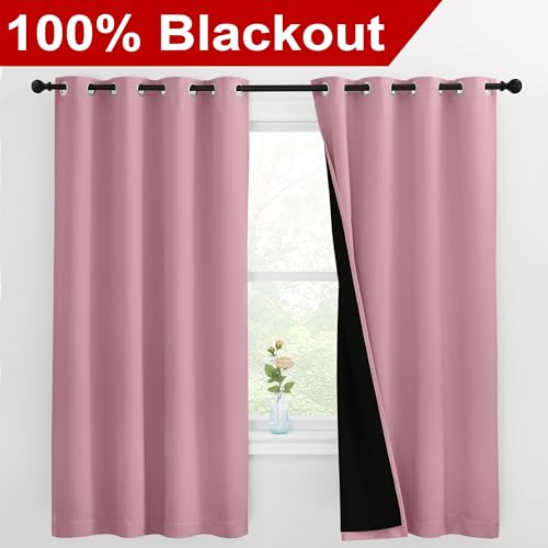 Image of NICETOWN 100% Blackout Curtains with Black Liners, Thermal Insulated Full Blackout 2-Layer Lined Drapes, Energy Efficiency Window Draperies for Bedroom (Crystal Pink, 2 Panels, 55-inch W by 68-inch L)