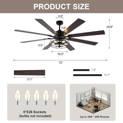 Image of 72 Inch Farmhouse Ceiling Fan with Lights Black Caged Rustic | Remote Control Fandelier Ceiling Fan, 5-Lights Large Chandelier for Living Room, 8 Dual Blades Reversible DC Motor 6 Speeds