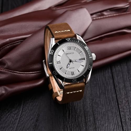 WOCCI 22mm Old-fashioned Watch Band for Men, Top Grain Leather, Silver Brushed Buckle (Caramel Brown)