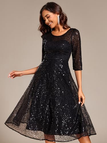 Ever-Pretty Women's Round Neck 3/4 Sleeves Formal Dresses Sequin A Line Midi Wedding Guest Dress 022413