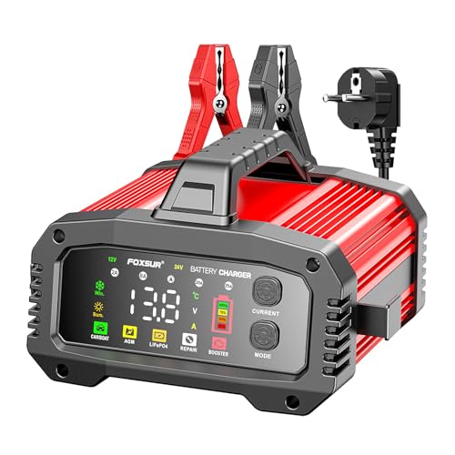 25A/15A Autobatterie Ladegerät,12V/24V Smart vollautomatische Batterie Ladegerät, Ladegerät Auto mit 8-Stufiger Ladung und LCD-Bildschirm für Auto Motorrad Rasenmäher Boot Marine Batterien (Rot)