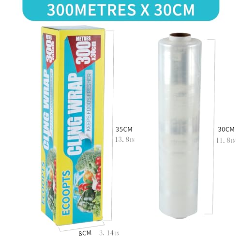 Plastic Food Wrap- 968 SQ. FT. Kitchen Cling Wrap Includes Slide Cutter BPA-Free Clear Cling Film 30cm×300Meters